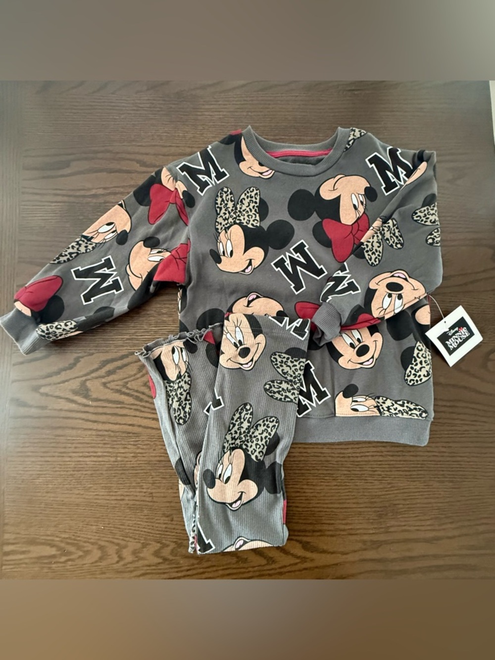 NWT Disney Minnie Mouse Grey and Red Leopard Bow Matching Set Toddler Size 5T